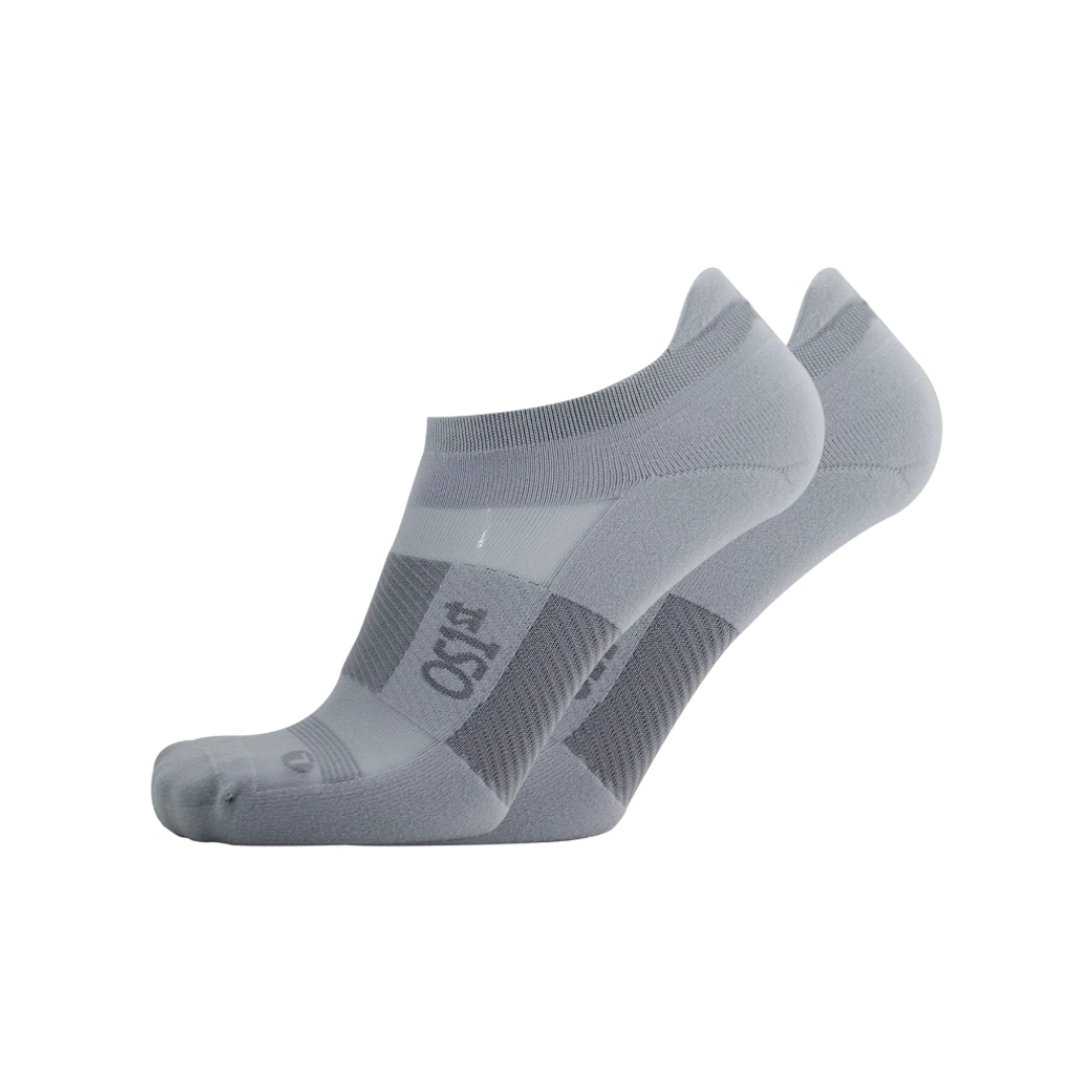 Side view of unisex OS1st Thin Air Performance no-show socks in grey – featuring lightweight breathable fabric for moisture control, cushioned sole for impact protection, and low-profile design ideal for sensitive feet and foot conditions requiring gentle support.