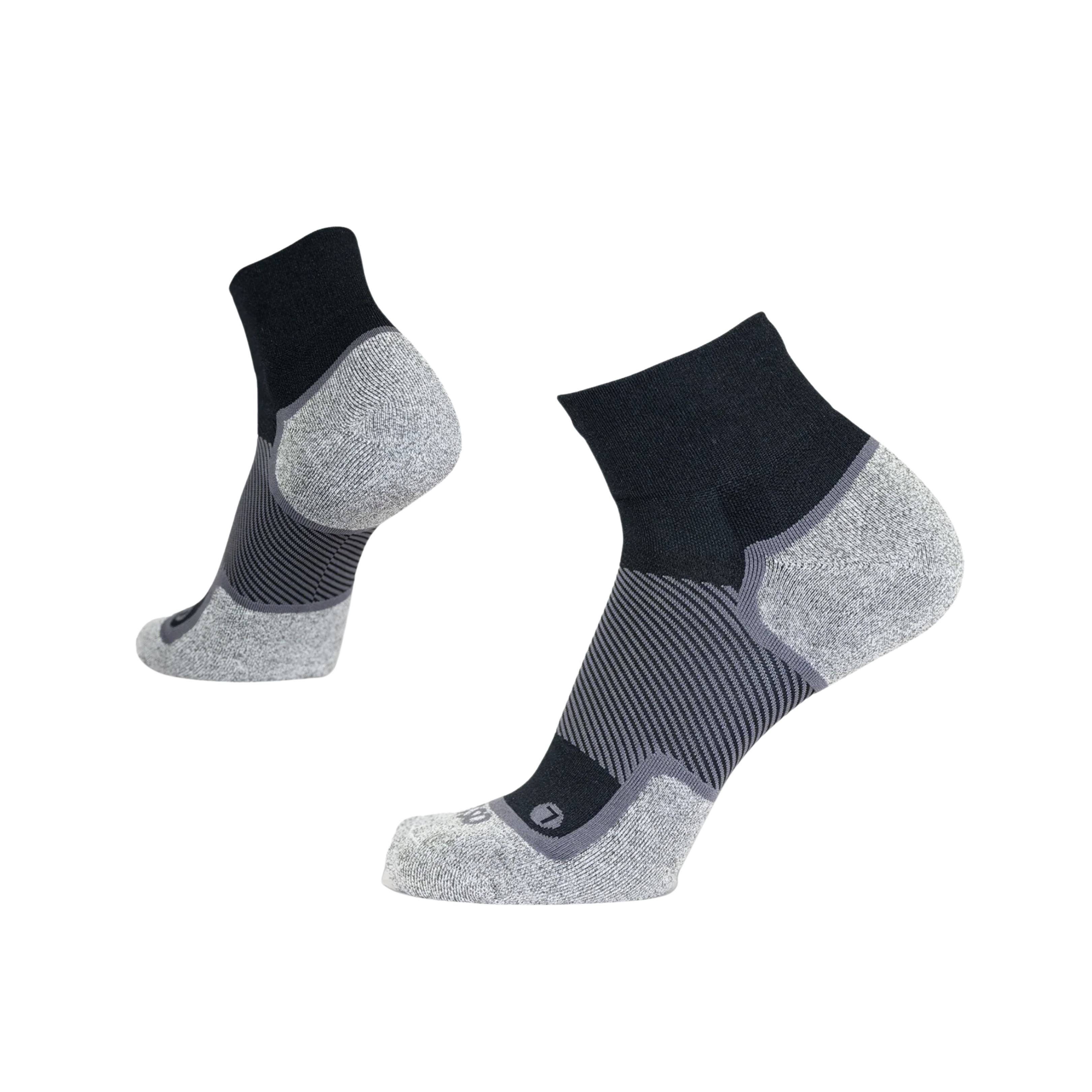 Side view of Unisex OS1st Wellness Performance quarter crew socks in black and grey – featuring arch and ankle compression support, cushioned sole, and moisture-wicking fabric.
