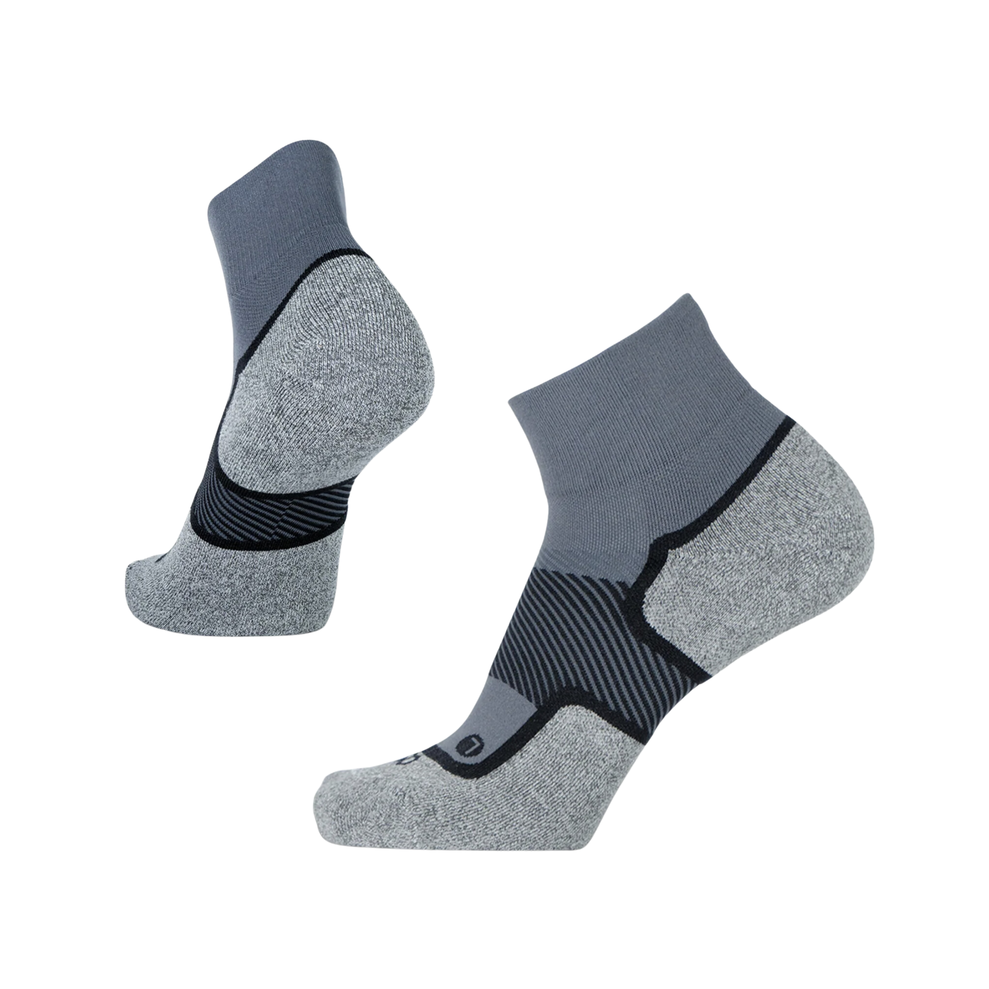 Side view of Unisex OS1st Wellness Performance quarter crew socks in grey and black – featuring graduated compression, padded footbed, breathable fabric, and reinforced durability.