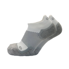 Side view of Unisex OS1st Wellness Performance no-show socks in white and grey – featuring compression zones, cushioned sole, breathable materials, and low-profile fit.