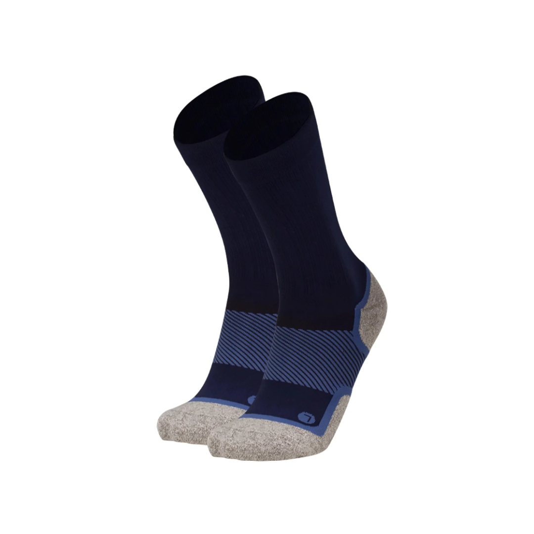Side view of Unisex OS1st Wellness Performance crew socks in navy and grey – featuring graduated compression, cushioned sole, moisture-wicking properties, and durable construction.