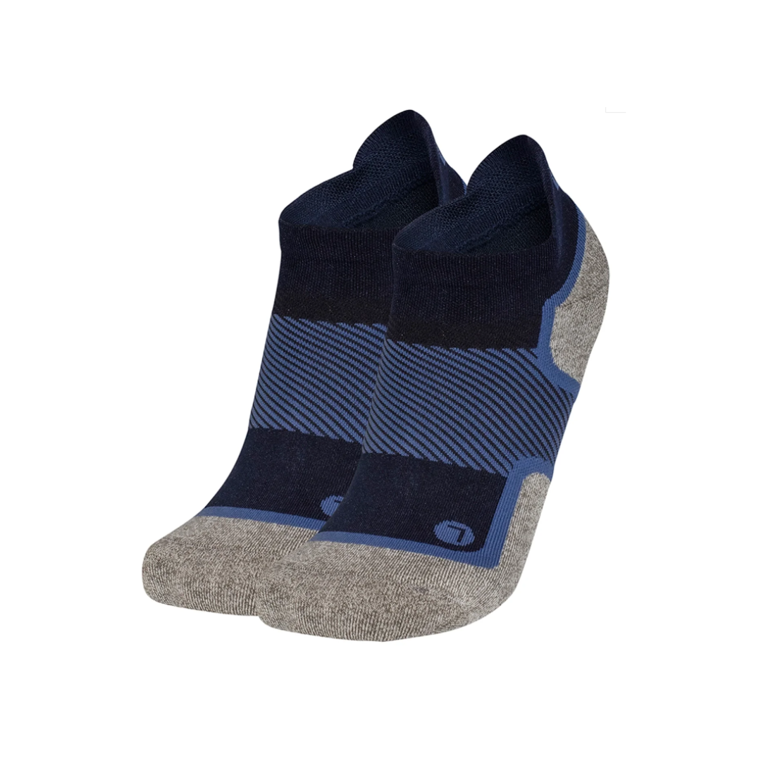 Side view of Unisex OS1st Wellness Performance no-show socks in navy and grey – featuring graduated compression, cushioned footbed, moisture-wicking fabric, and low-profile seamless design.