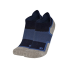 Side view of Unisex OS1st Wellness Performance no-show socks in navy and grey – featuring graduated compression, cushioned footbed, moisture-wicking fabric, and low-profile seamless design.