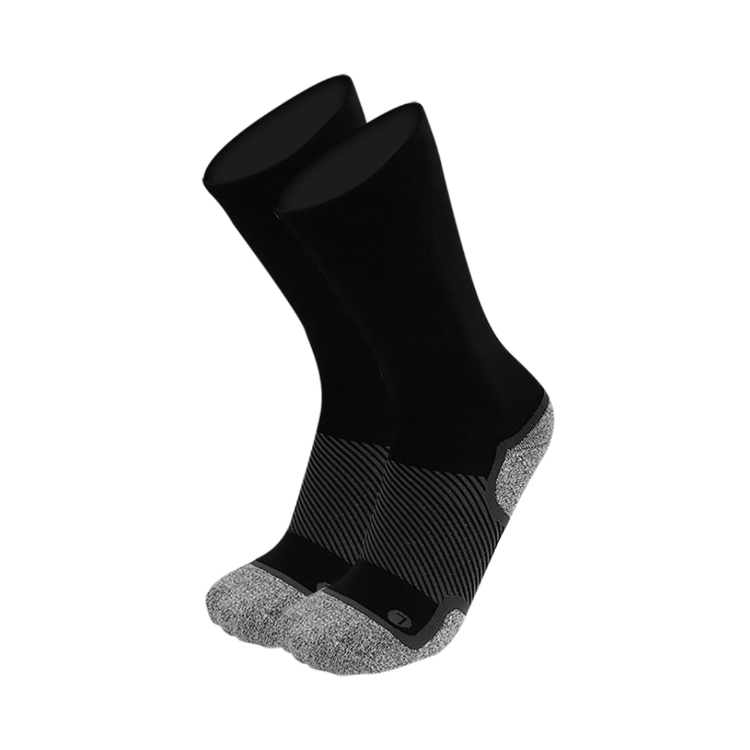 Side view of Unisex OS1st Wellness Performance crew socks in black and grey – featuring graduated compression for foot and leg support, cushioned sole, breathable fabric, and reinforced durability.
