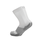 Side view of Unisex OS1st Wellness Performance crew socks in white and grey – featuring targeted compression to improve circulation, cushioned sole for all-day comfort, breathable fabric to reduce moisture, and designed to support foot and leg wellness.