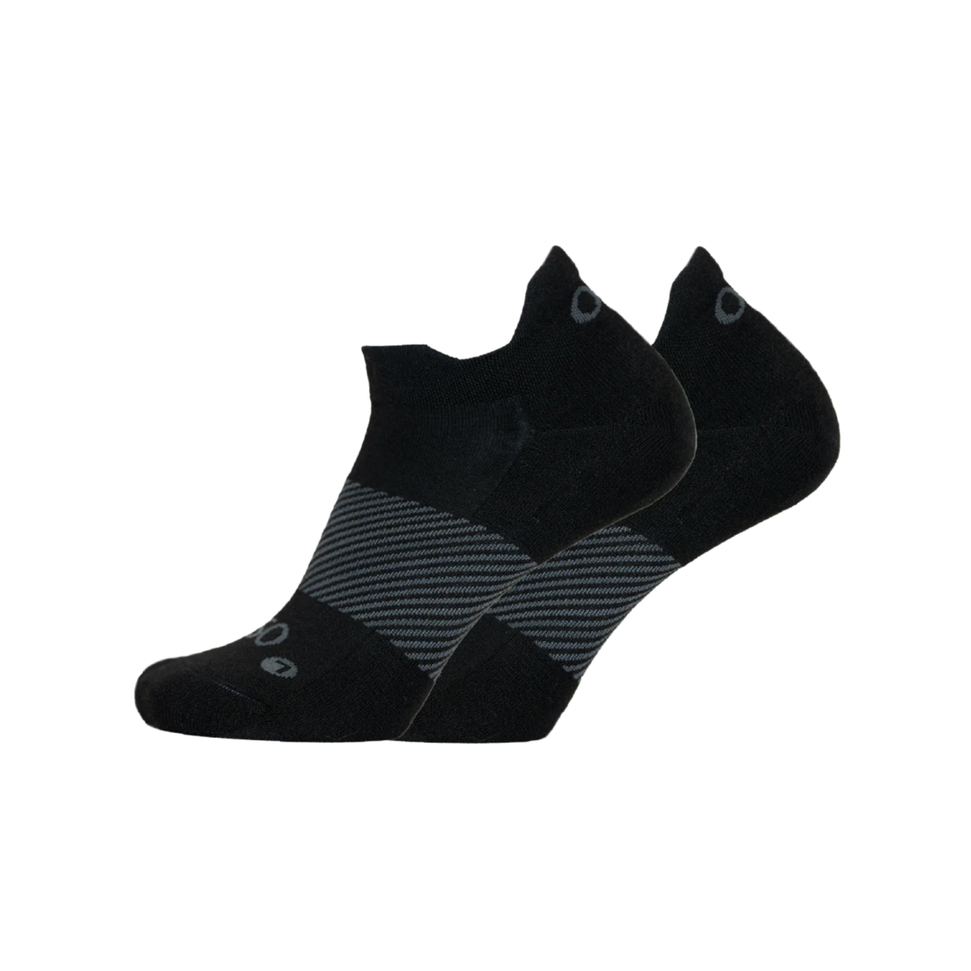 Side view of Unisex OS1st Wicked Comfort no-show socks in black and grey – featuring enhanced cushioning for pressure relief, moisture-wicking fabric to keep feet dry, and seamless design to reduce friction.