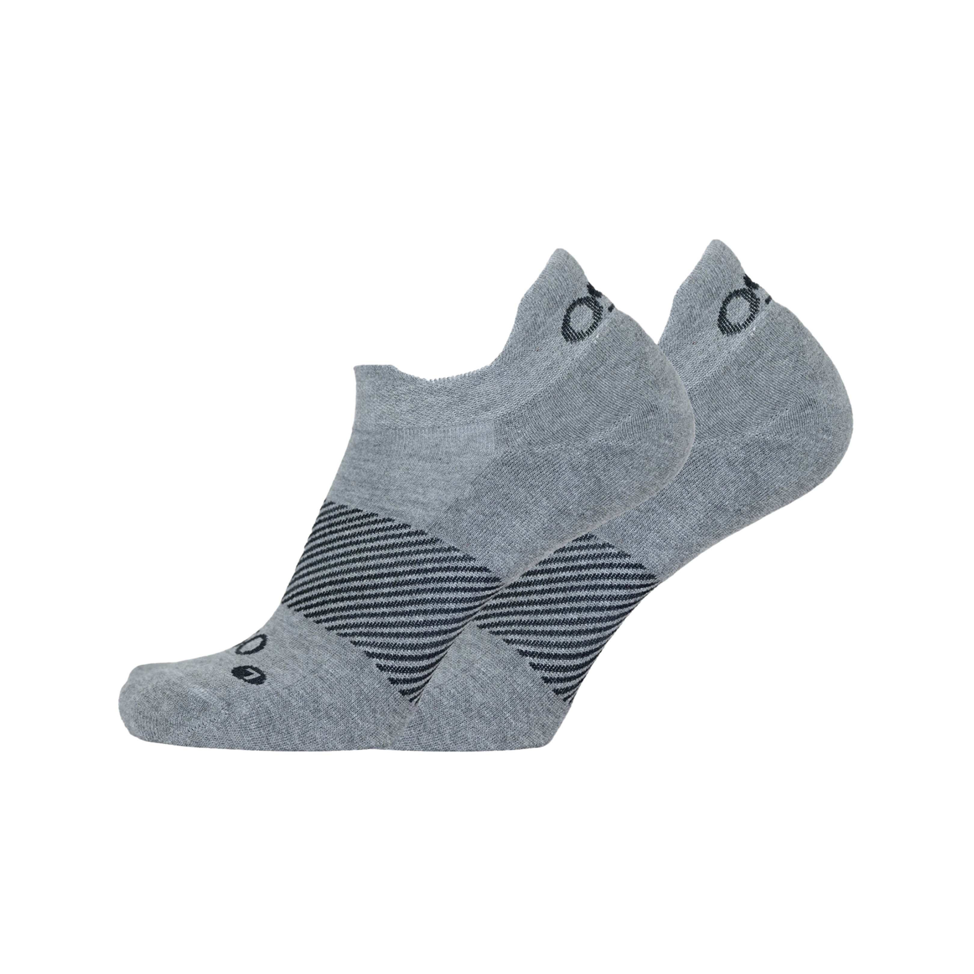 Side view of Unisex OS1st Wicked Comfort no-show socks in grey and black – featuring plush cushioning for pressure relief, moisture-wicking properties, and seamless toe design for irritation-free comfort.