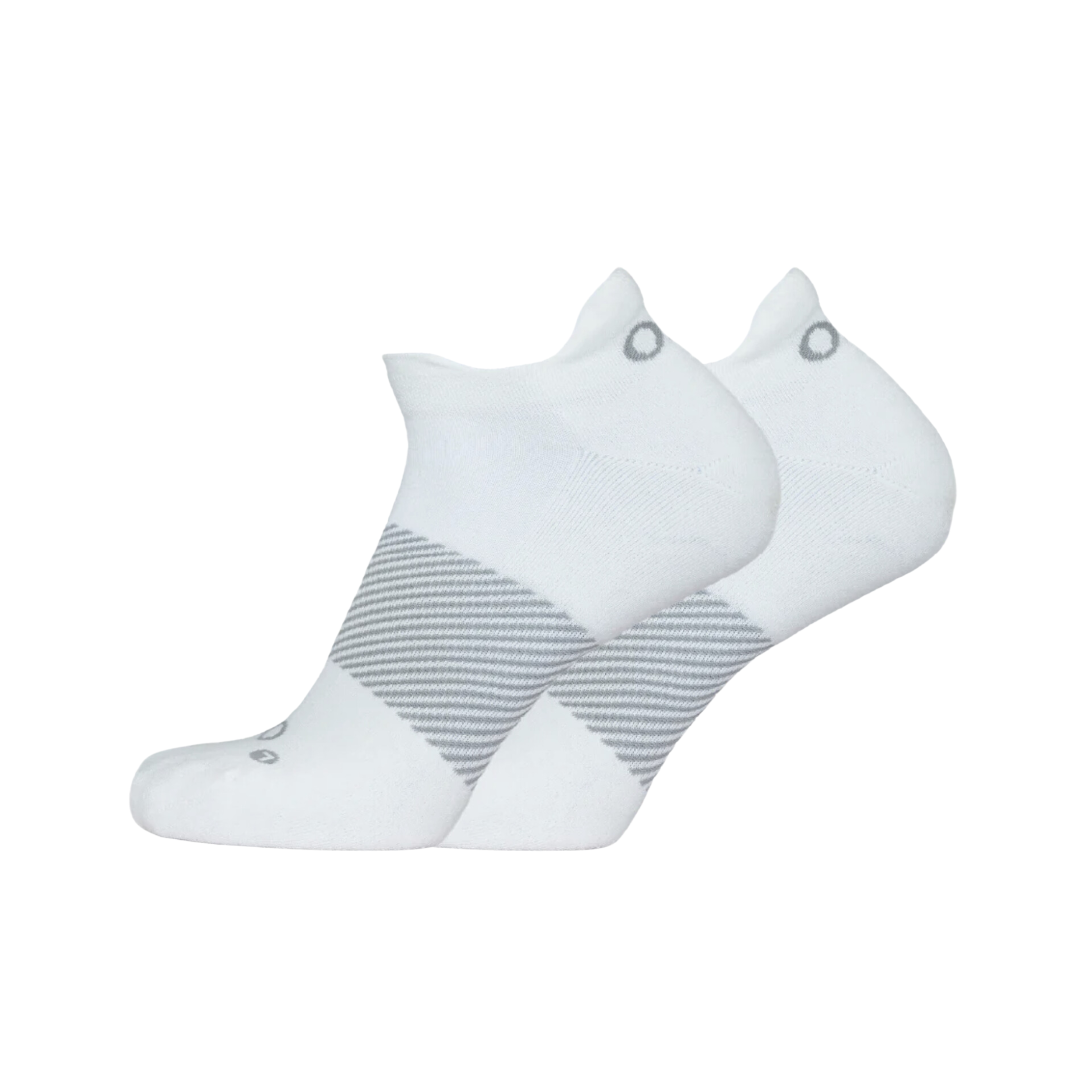 Side view of Unisex OS1st Wicked Comfort no-show socks in white and grey – featuring plush cushioning for pressure relief, breathable fabric, and seamless toe design.