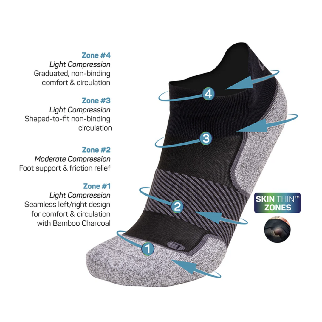Side View of OS1st AC4 Active Comfort No-Show Sock – featuring lightweight breathable fabric, targeted arch compression for support, and cushioned soles for all-day comfort.