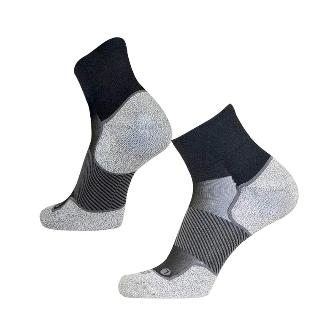 Side View of OS1st AC4 Active Comfort Quarter Socks – featuring moderate compression for arch support, cushioned footbed for shock absorption, and seamless toe for irritation-free wear.