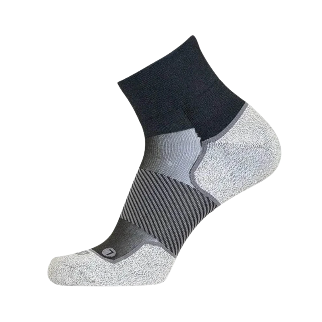 Side View of OS1st AC4 Active Comfort Quarter Socks – featuring moderate compression for arch support, cushioned footbed for shock absorption, and seamless toe for irritation-free wear.