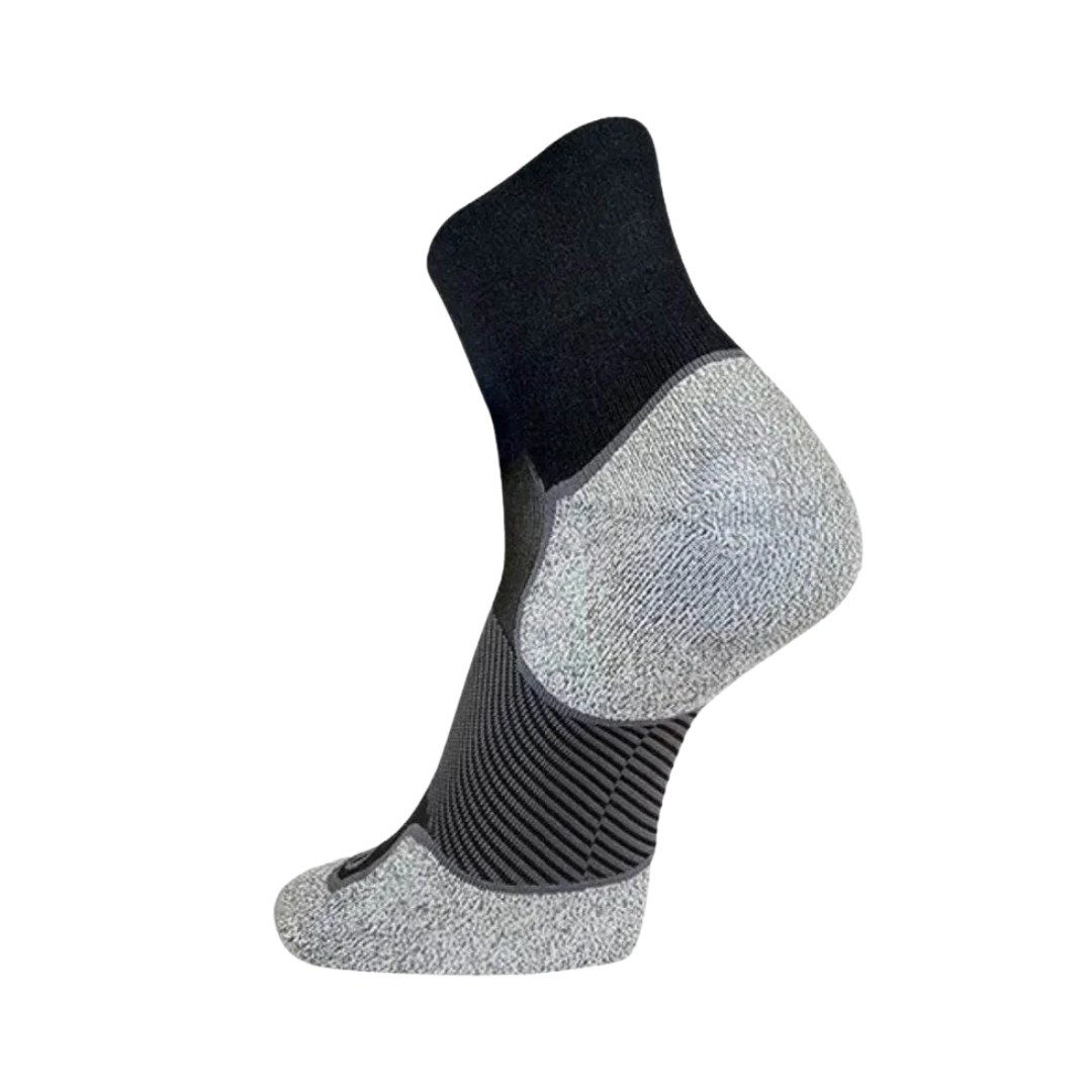 Side View of OS1st AC4 Active Comfort Quarter Socks – featuring moderate compression for arch support, cushioned footbed for shock absorption, and seamless toe for irritation-free wear.