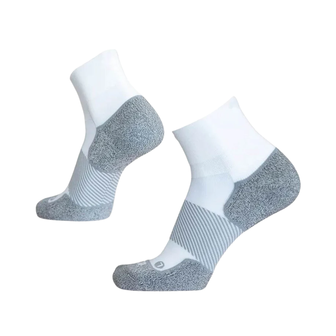 Side View of OS1st AC4 Active Comfort Quarter Socks – featuring moderate compression for arch support, cushioned footbed for shock absorption, and seamless toe for irritation-free wear.