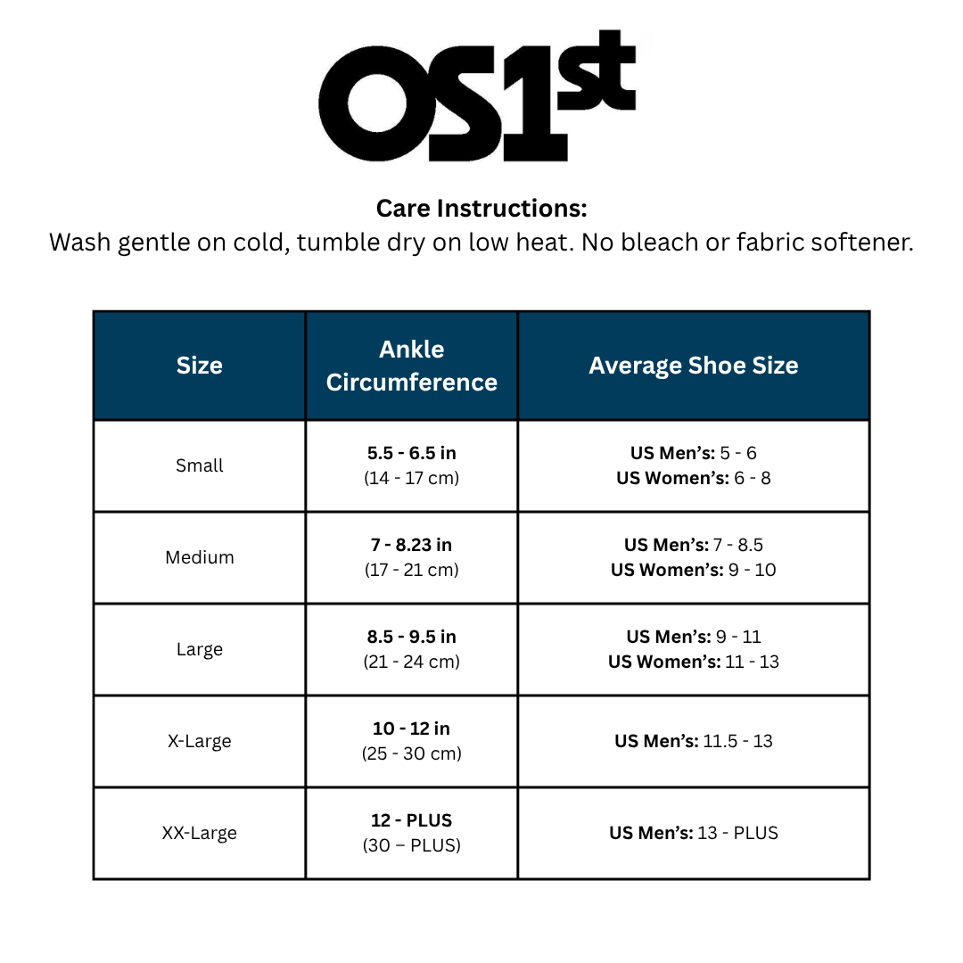 OS1st care instructions and size chart on a white background