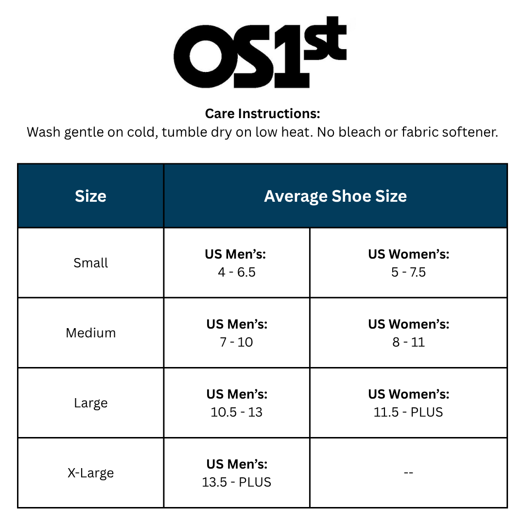 OS1st care instructions and shoe size chart on a white background