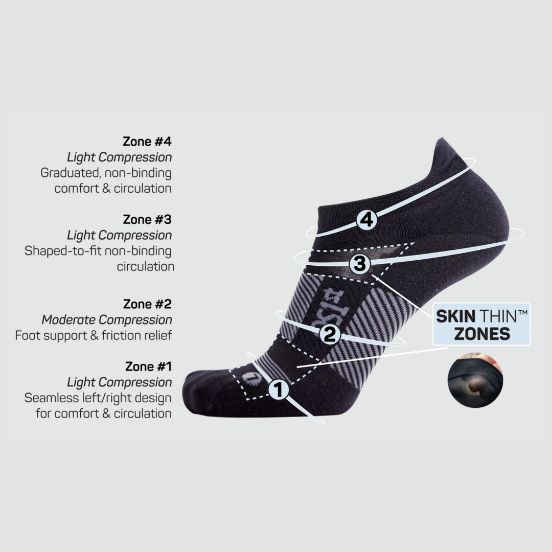 Side View of OS1st TA4 Thin Air No-Show Sock – featuring lightweight, breathable knit fabric, moderate compression for foot stability, and cushioned soles for enhanced comfort.