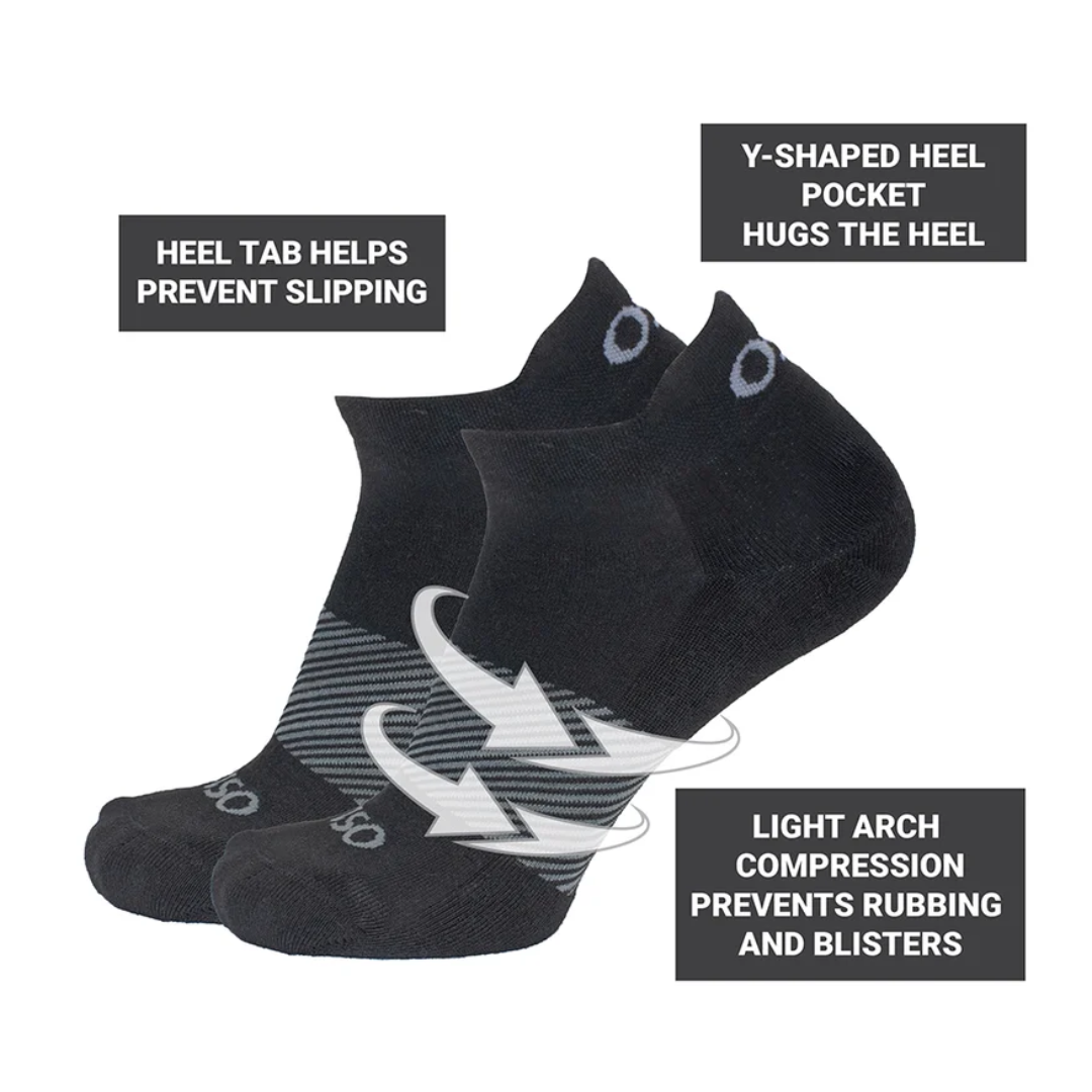 Side View of OS1st Wicked Comfort No-Show Socks – featuring moisture-wicking fibers, targeted compression for foot and arch support, and seamless toe design to reduce irritation.