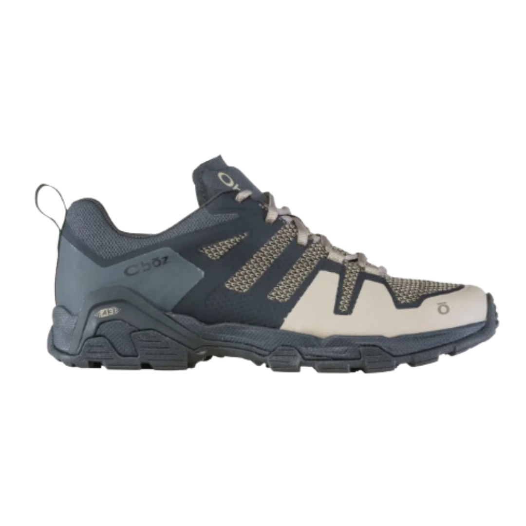 Side view of Men's Arete Low hiking shoe in Alloy – featuring a breathable mesh and synthetic upper for lightweight durability, cushioned midsole for responsive comfort, and a grippy outsole built for agile trail performance.