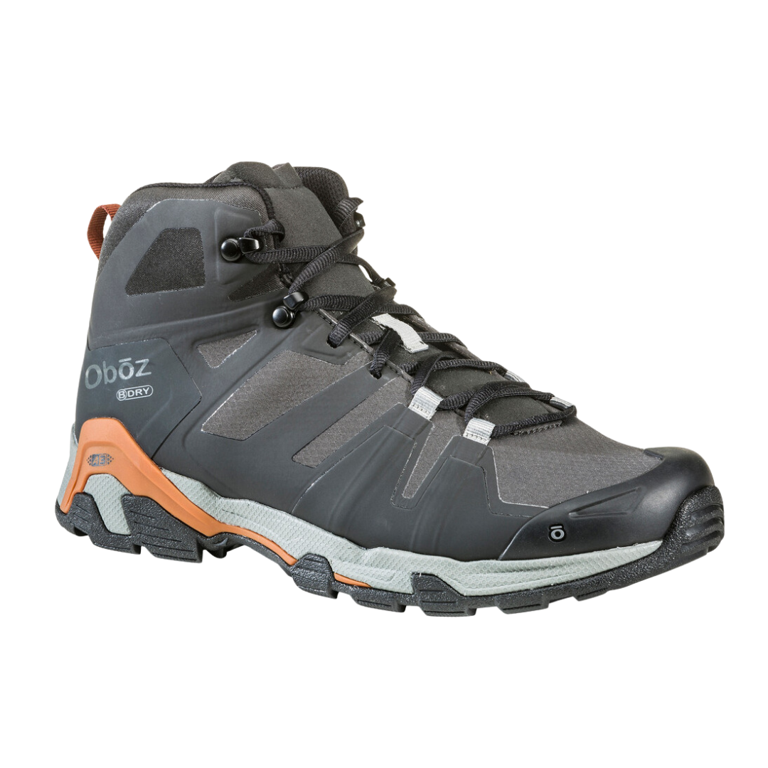 Angled view of Men's Arete Mid B-Dry Boot in Black/Copper – featuring a breathable mesh and synthetic upper with B-Dry waterproof protection, lightweight cushioning for comfort, and a durable outsole built for fast-paced hiking in variable conditions.