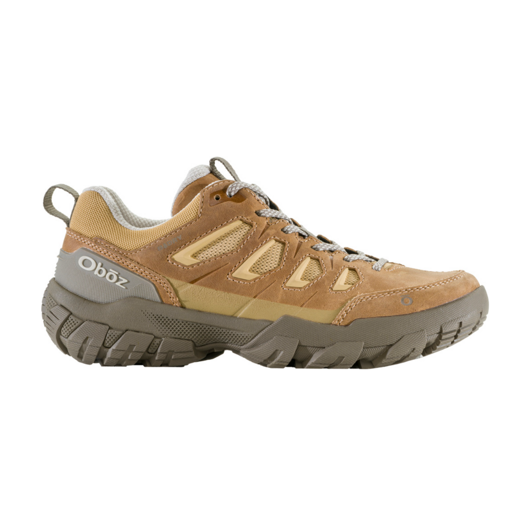 Side view of Women's Oboz Sawtooth X Low WP hiking shoe in Acorn – featuring waterproof nubuck leather and durable textile upper, cushioned midsole, and robust outsole built for versatile trail adventures.