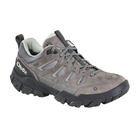 Angled view of Women's Sawtooth X B-Dry hiking shoe in Hazy Grey – featuring a waterproof nubuck and textile upper, cushioned midsole for supportive comfort, and an aggressive outsole design ideal for versatile hiking adventures.
