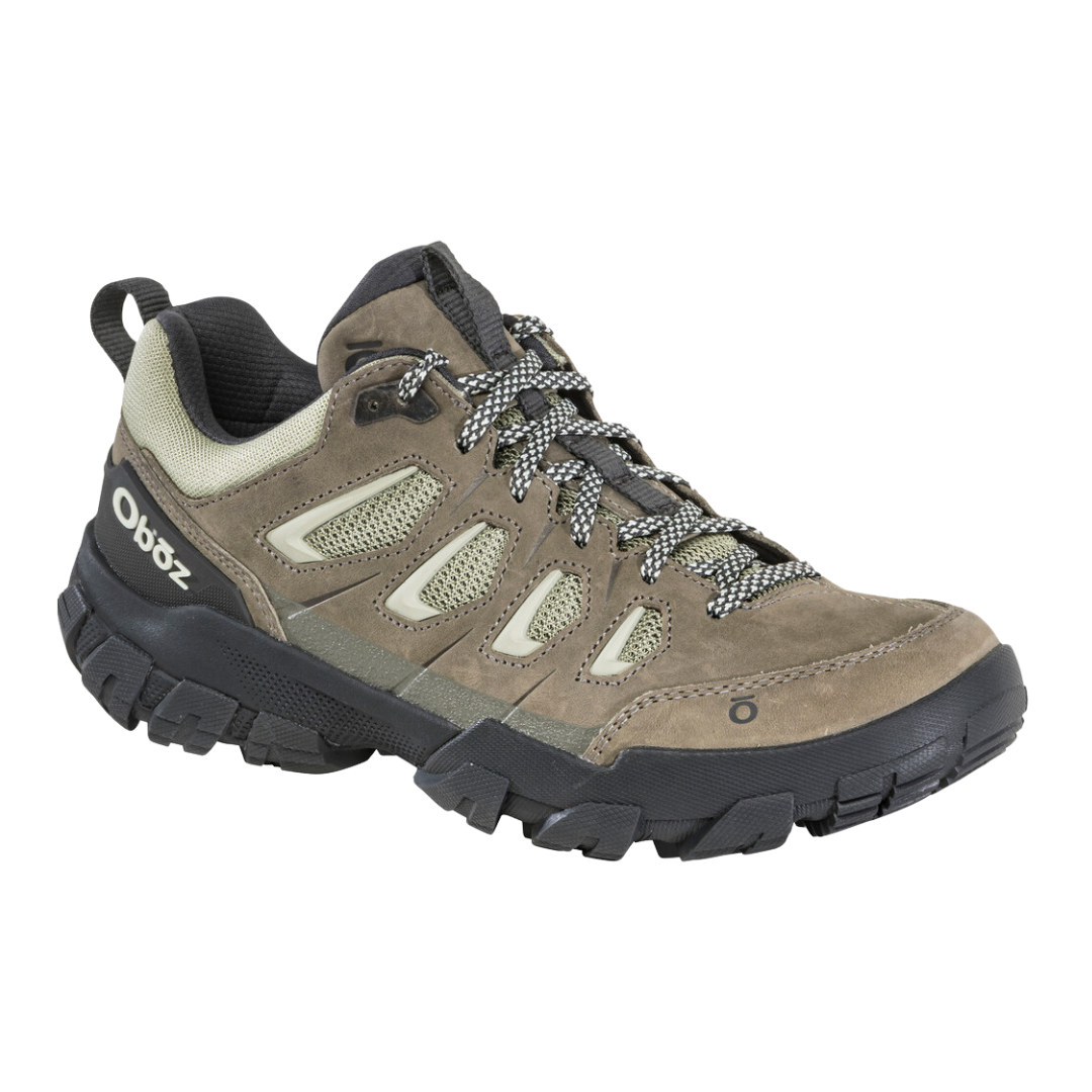 Angled view of Women's Sawtooth X hiking shoe in Eucalyptus Green – featuring a versatile nubuck leather and breathable mesh upper, cushioned midsole, and trail-focused outsole for confident outdoor exploration.