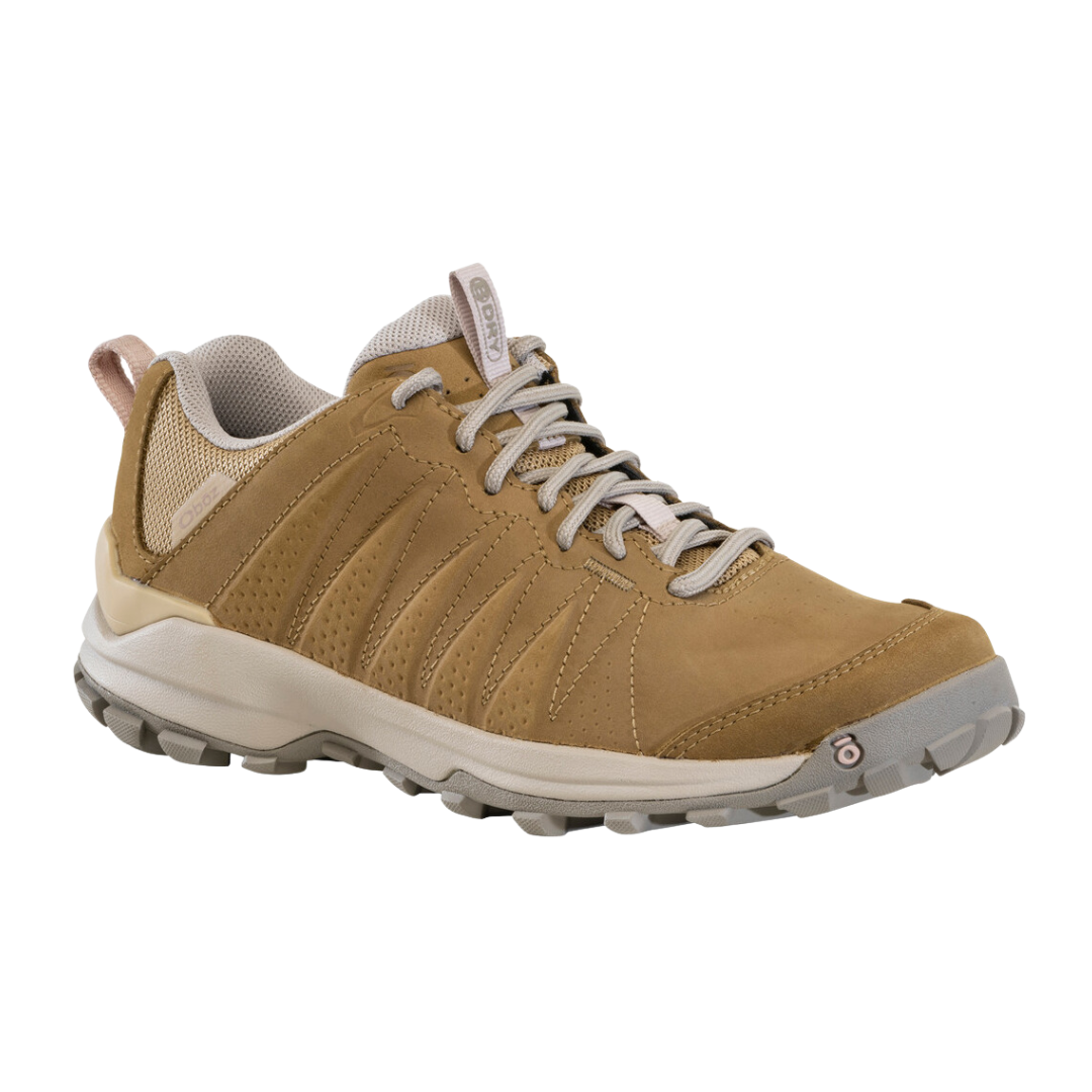Angled view of Women's Sypes Low B-Dry hiking shoe in Acorn – featuring a waterproof B-Dry membrane for protection against moisture, durable nubuck leather and textile upper for versatile trail use, cushioned midsole for comfort, and a rugged outsole designed for excellent traction and stability.