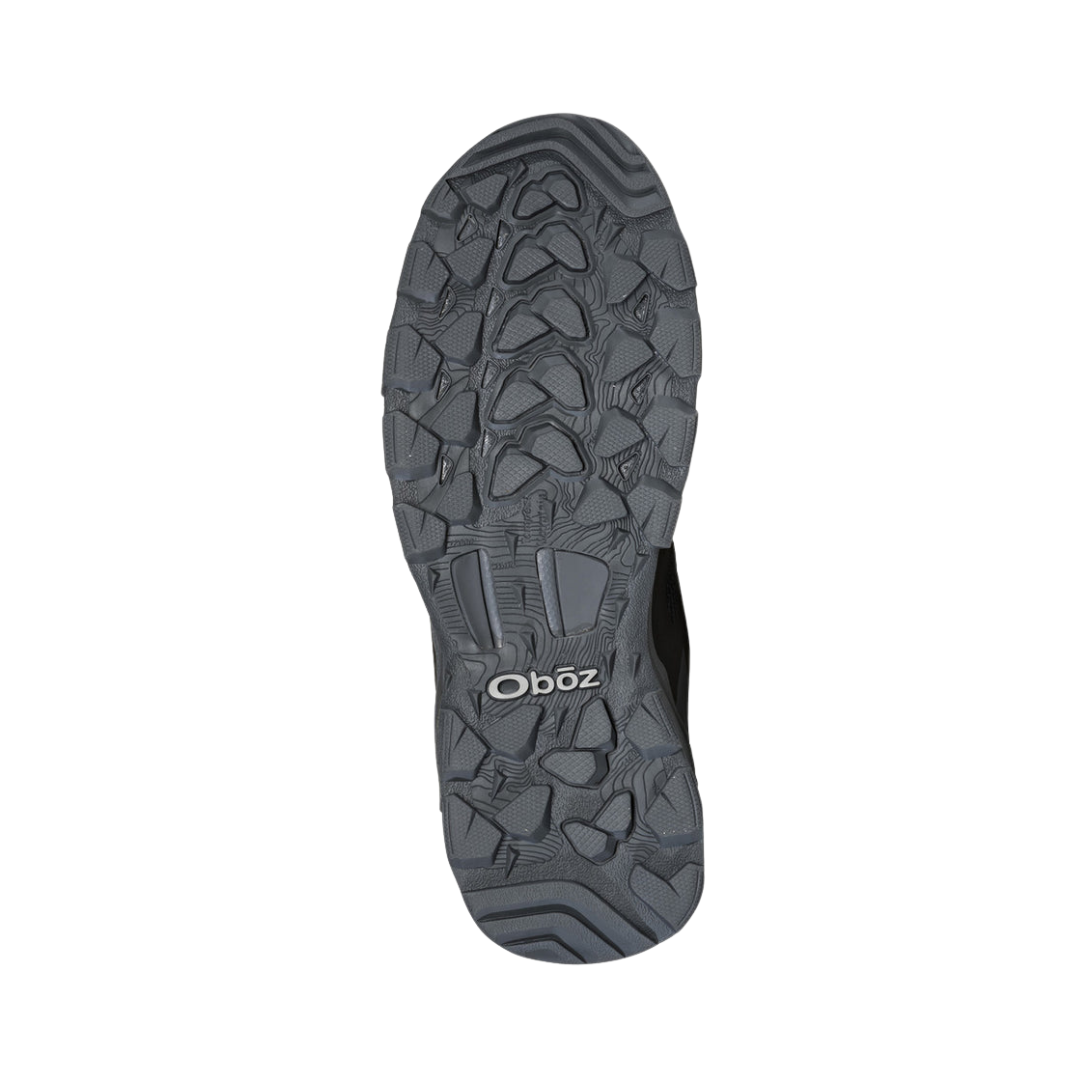 Bottom View of Men’s Oboz Arete Low Waterproof Hiking Shoe in Blue Night – featuring a Tempest outsole with multi-directional lugs for superior grip, durable rubber for trail traction, and a supportive midfoot chassis for stability on uneven terrain.