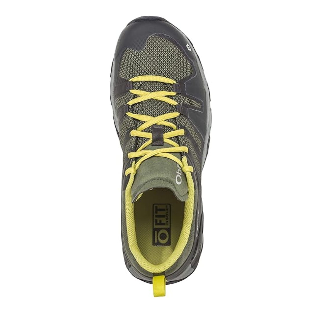 Top view of Men's Arete Low hiking shoe in Moss – featuring a padded tongue and collar, moisture-wicking interior lining, and adjustable lacing system for a snug, customized fit.