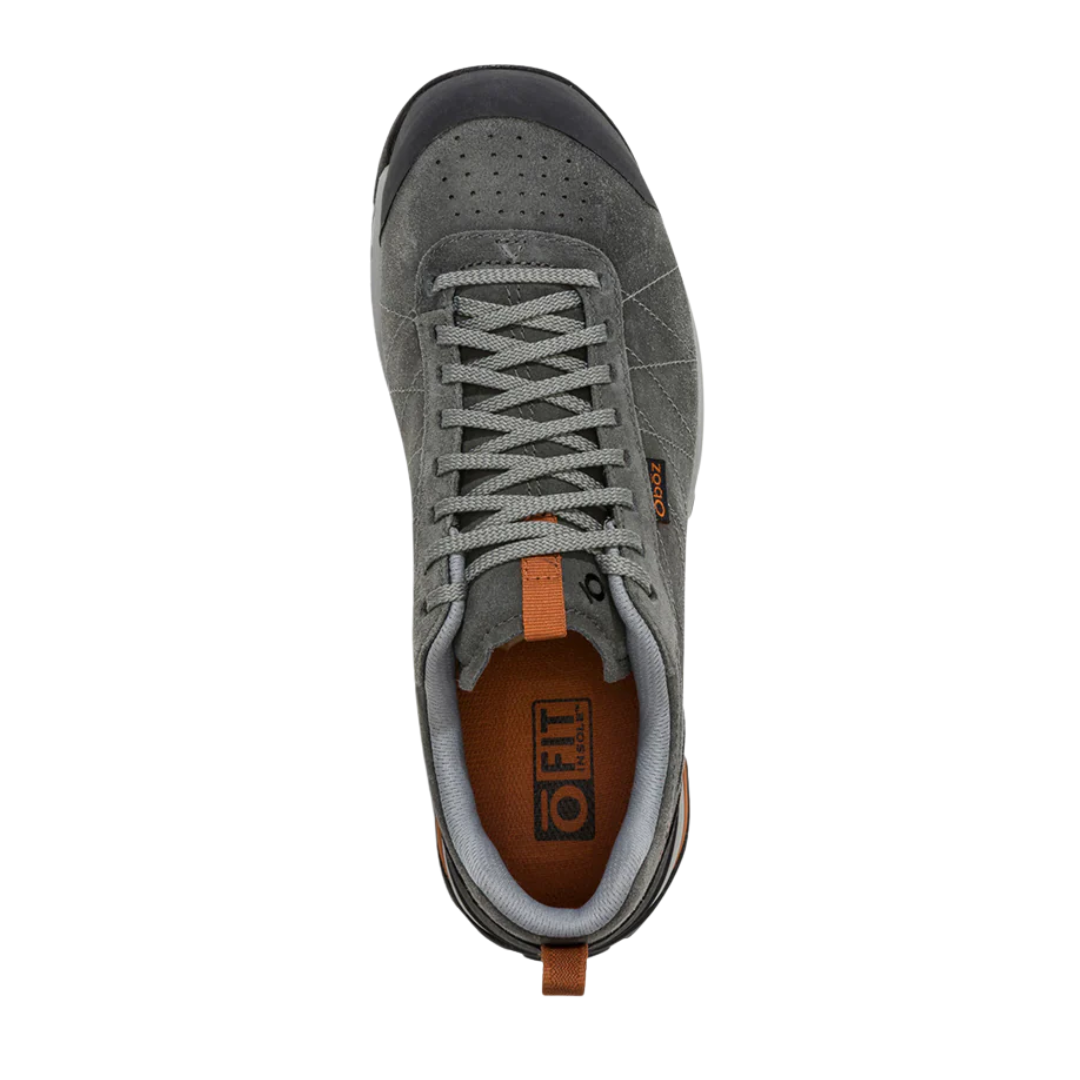 Top view of Men's Bozeman Low shoe in Charcoal – featuring a padded collar and tongue, moisture-wicking interior lining, and adjustable lacing system for a secure, tailored fit.
