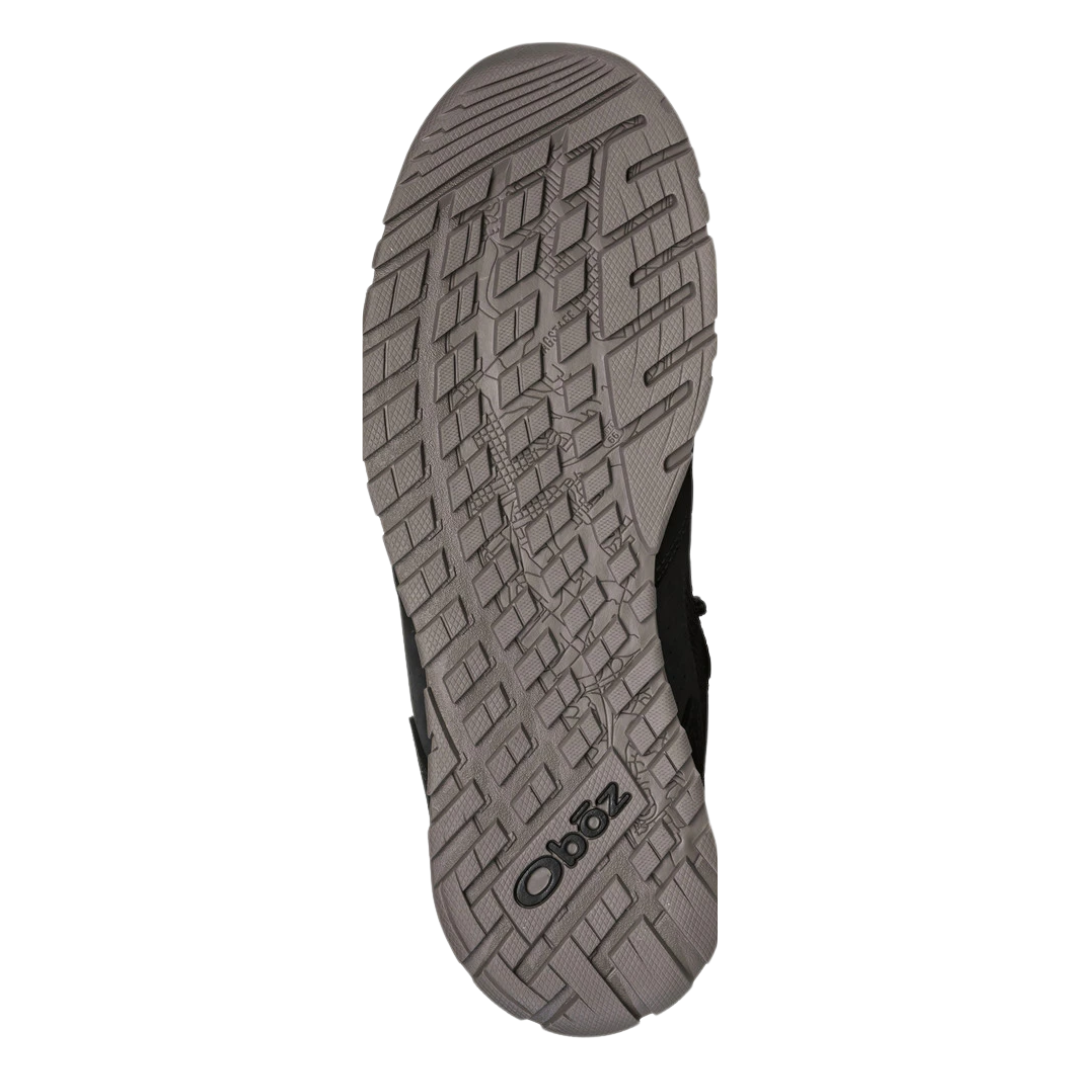 Bottom view of Men's Bozeman Low shoe in Jet – featuring a durable rubber outsole with a traction pattern optimized for grip, flexibility, and stability on varied urban and light trail surfaces.