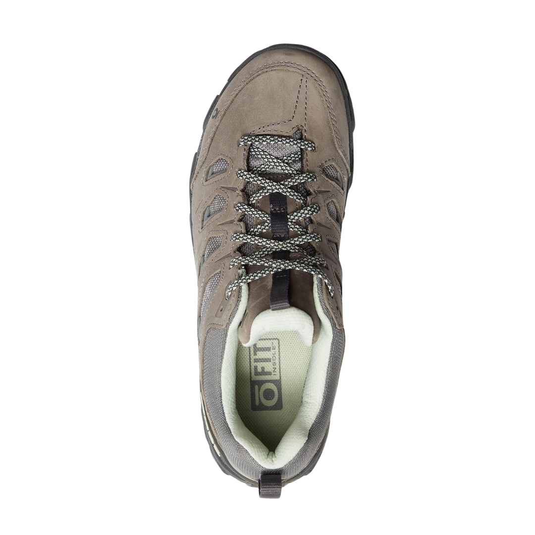 Top view of Women's Sawtooth X B-Dry hiking shoe in Hazy Grey – featuring a cushioned tongue and collar, breathable moisture-wicking lining, and lace-up closure system for adjustable comfort and secure fit.