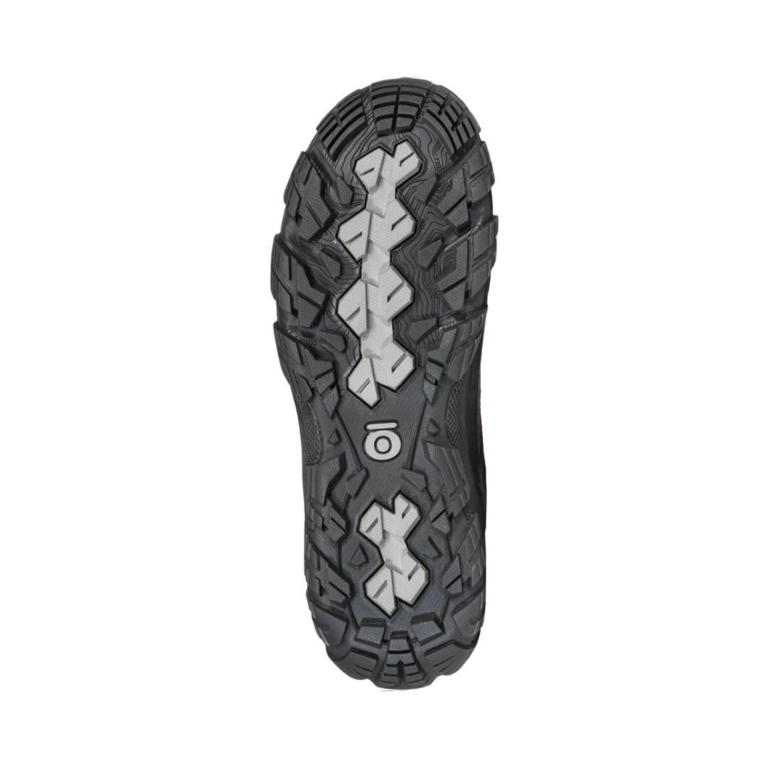 Bottom View of Men’s Oboz Sawtooth X Low Hiking Shoe in Hazy Gray – featuring a rugged Trail Tread outsole with aggressive sawtooth lugs, designed for multi-directional traction, enhanced durability, and grip on wet and rocky terrain.