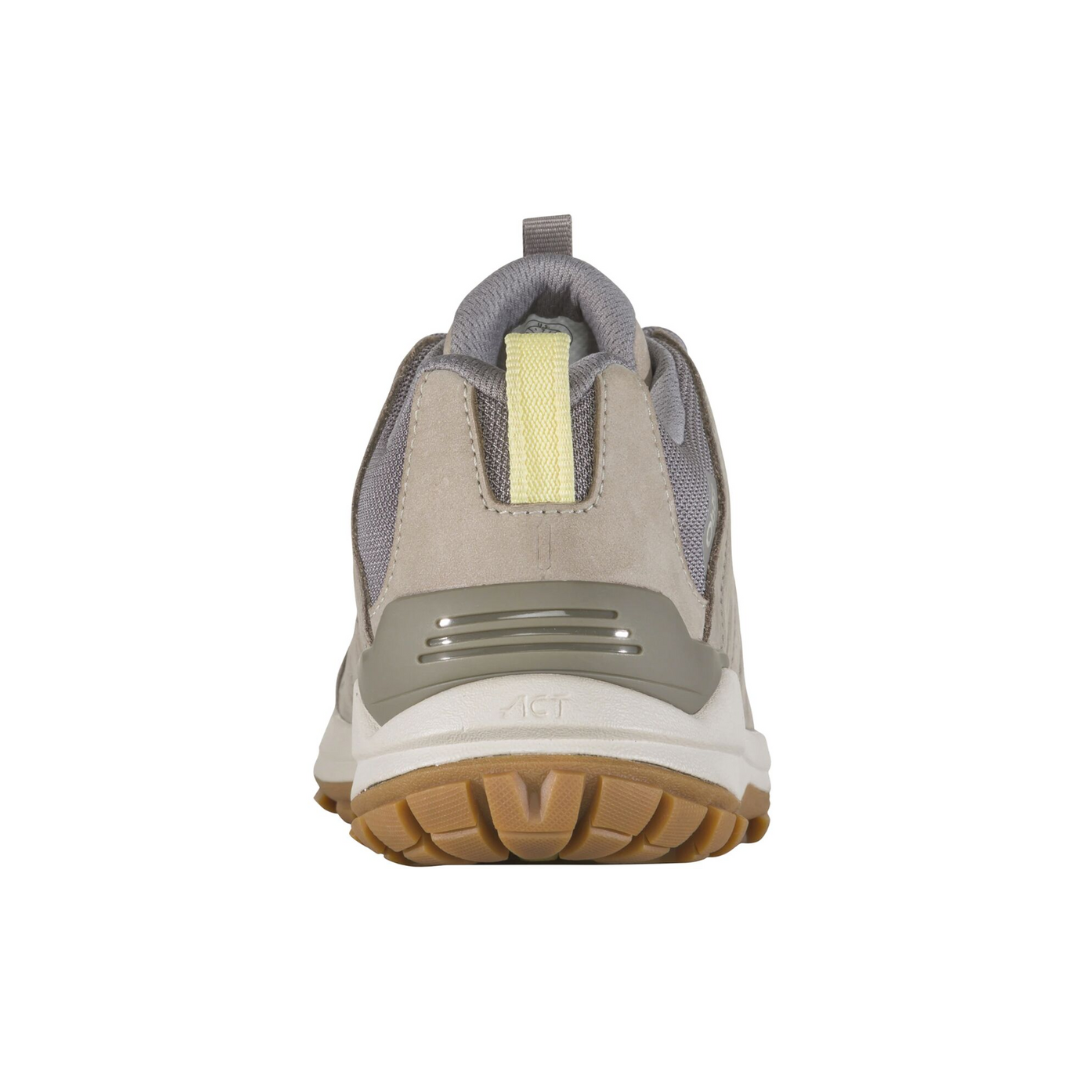 Back view of Women’s Oboz Sypes Low B-DRY in Gravel – featuring a supportive heel counter, cushioned ankle collar, and pull tab for easy on/off access with subtle branding details.