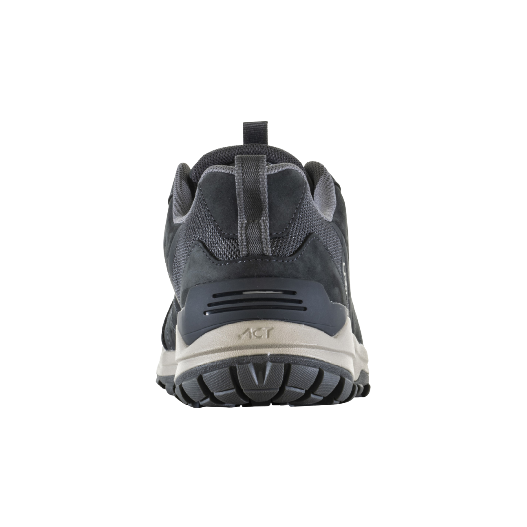 Back View of Men’s Oboz Sypes Waterproof Low Hiking Shoe in Lava Rock – featuring a structured heel counter for stability, cushioned collar for ankle support, and a heel pull loop for easy on and off.