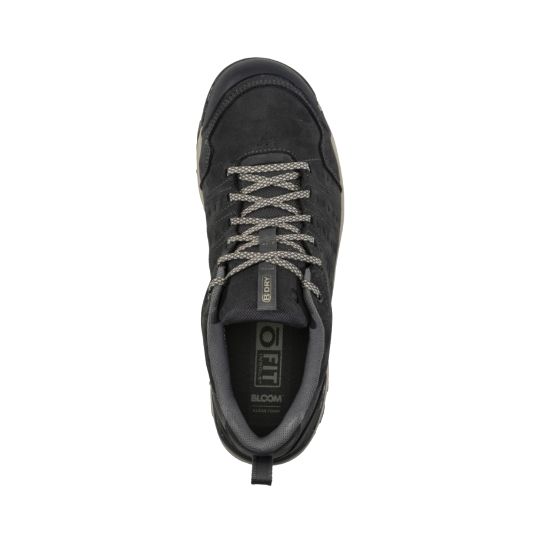 Top View of Men’s Oboz Sypes Waterproof Low Hiking Shoe in Lava Rock – featuring a premium nubuck leather and recycled textile upper, Oboz B-Dry waterproof membrane for reliable wet-weather protection, and a contoured O Fit insole for all-day comfort and arch support.
