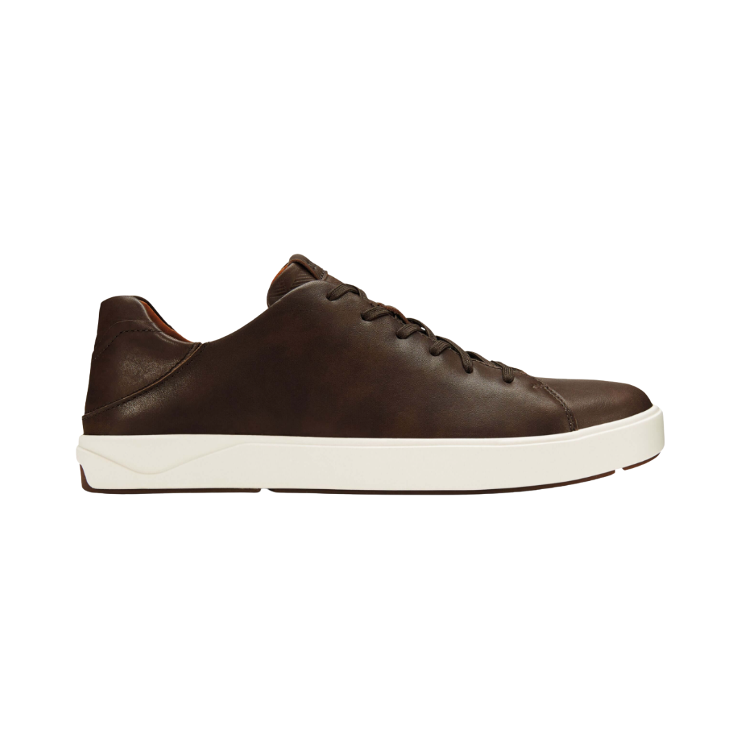 Side View of Men’s Olukai Lae‘Ahi Lī ‘Ili in dark wood/dark wood – featuring premium leather construction, a soft textile lining, and a lightweight EVA outsole.