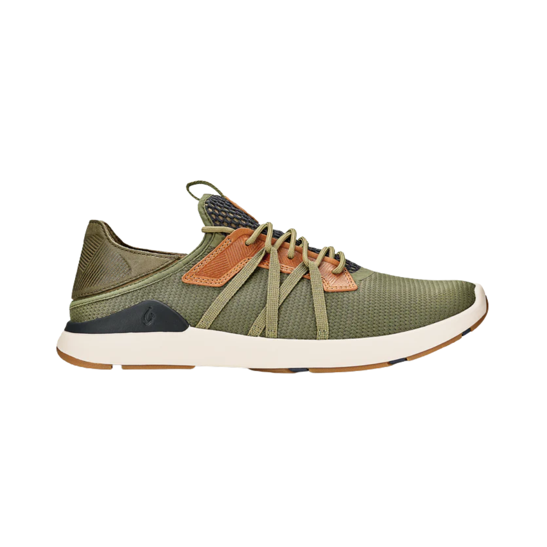 Side View of Men’s Olukai Mio Li in hunter/lava rock – featuring performance mesh uppers, supportive EVA midsoles, and versatile everyday wear.