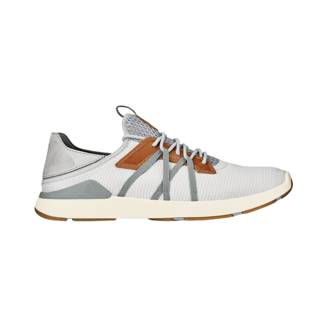 Side View of Men’s Olukai Mio Li in mist grey/poi – featuring lightweight mesh construction, cushioned EVA midsoles, and versatile all-day comfort.