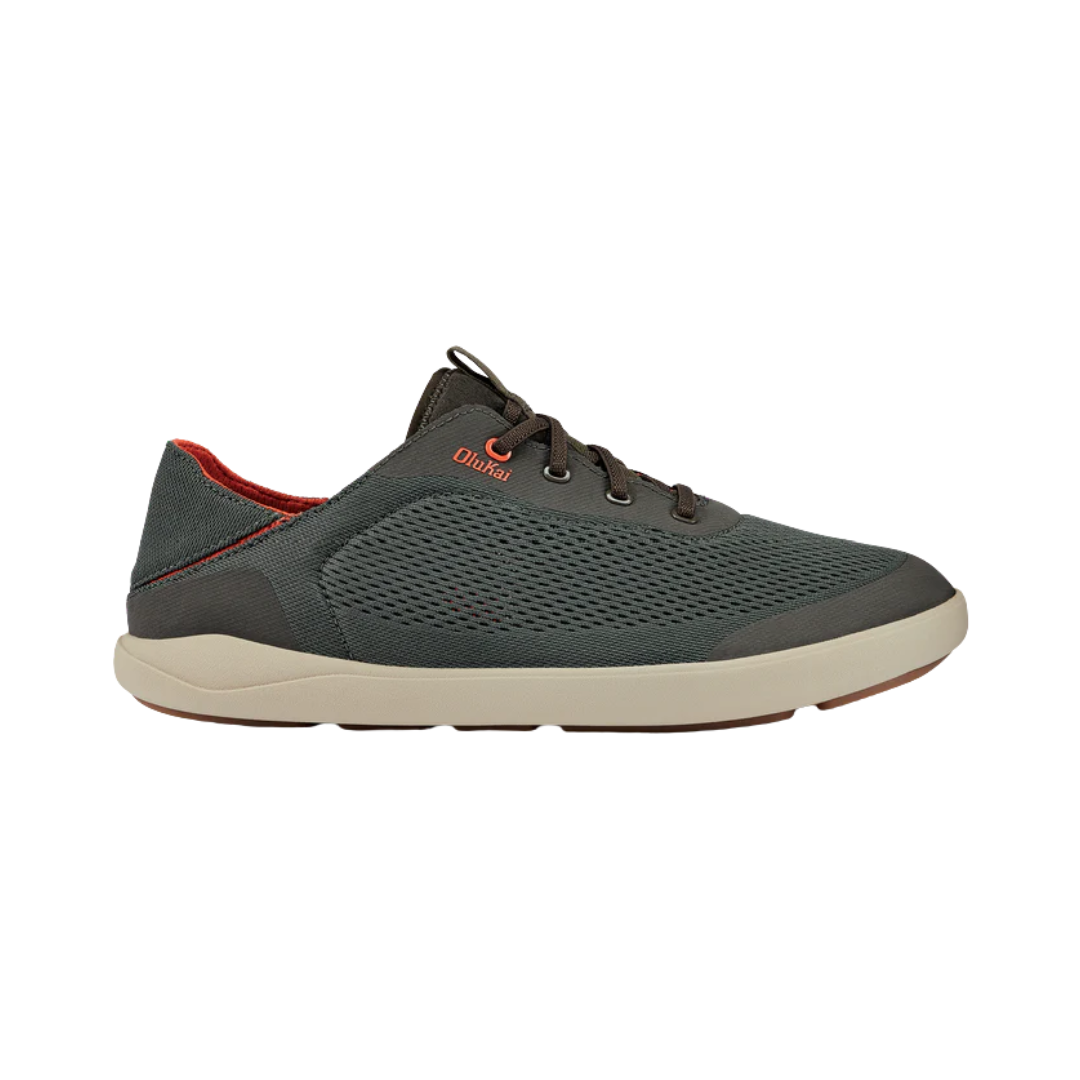 Side View of Men’s Olukai Moku Pae in island salt/koi – featuring a breathable mesh upper, non-marking wet-grip outsole, and quick-drying materials.