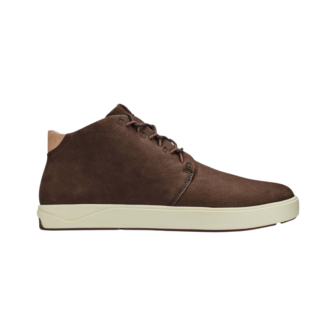 Side view of Men’s Olukai Nana Hele boot in dark wood – featuring water-resistant leather, soft textile lining, and non-marking wet-grip rubber outsole for reliable traction.