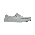 Side view of Women’s Olukai Nohea Slipper in pale grey – featuring suede upper, cozy sherpa lining, and non-marking rubber pods for indoor-outdoor wear.