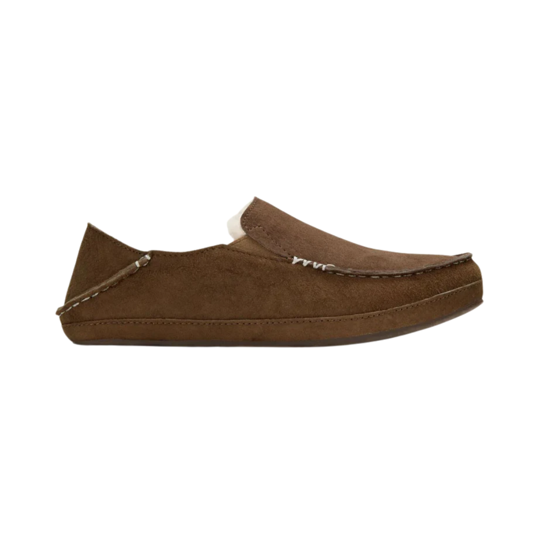 Side View of Women’s Olukai Nohea Slipper in ray/ray – featuring a soft shearling lining, premium nubuck leather upper, and a cushioned removable footbed for cozy comfort.