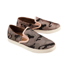 Side view of Women’s Olukai Pehuea Pa‘i slip-on in soft pink Ke Au camo – made with printed canvas, collapsible Drop-In Heel®, and durable wet-grip rubber pods.