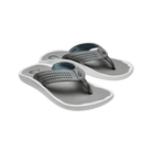 Angled view of Men’s Olukai Ulele sandal in stone – features include a water-friendly synthetic strap, cushioned anatomical footbed, wet grip rubber outsole, and lightweight construction built for both land and water use.