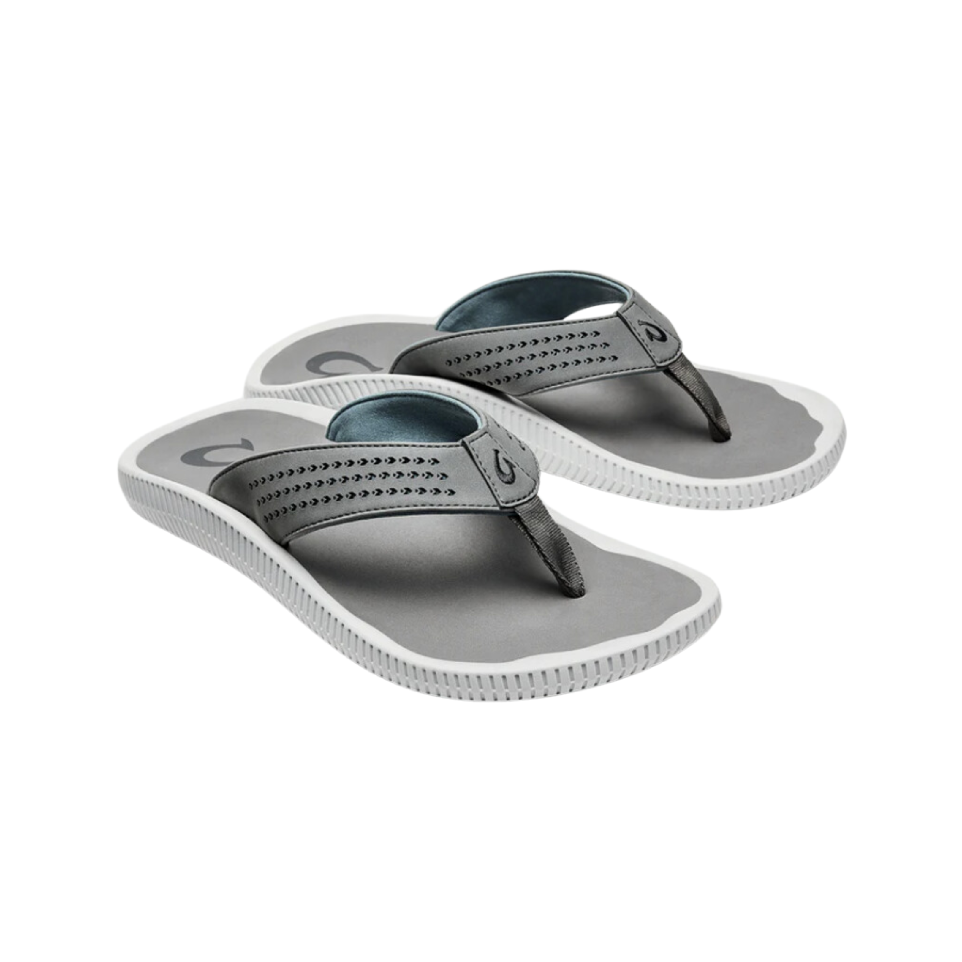 Angled view of Men’s Olukai Ulele sandal in stone – features include a water-friendly synthetic strap, cushioned anatomical footbed, wet grip rubber outsole, and lightweight construction built for both land and water use.