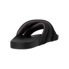 Angled view of Women’s Olukai Hila sandal in black – features include a water-friendly synthetic strap, plush cushioned footbed with arch support, slim and stylish profile, and a textured outsole for added stability.