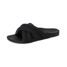 Angled view of Women’s Olukai Hila sandal in black – features include a water-friendly synthetic strap, plush cushioned footbed with arch support, slim and stylish profile, and a textured outsole for added stability.