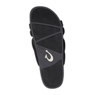Bottom view of Women’s Olukai Hila sandal in black – features include a non-marking rubber outsole, wave-inspired tread pattern for enhanced traction, and a flexible sole ideal for both indoor and outdoor wear.