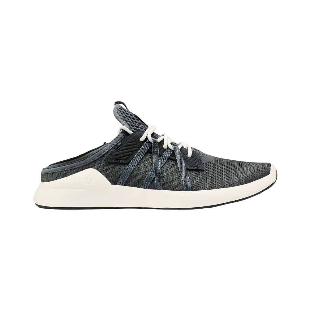 Side View of Men’s Olukai Holo casual sneaker in dark shadow – featuring a lightweight mesh upper for breathability, dual-density anatomical footbed for comfort, and a durable non-marking rubber outsole for traction.